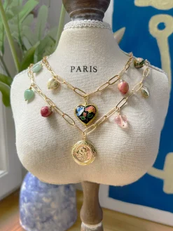 Heart Cloisonne Charm Necklace - Black Heart/Dried Rose
