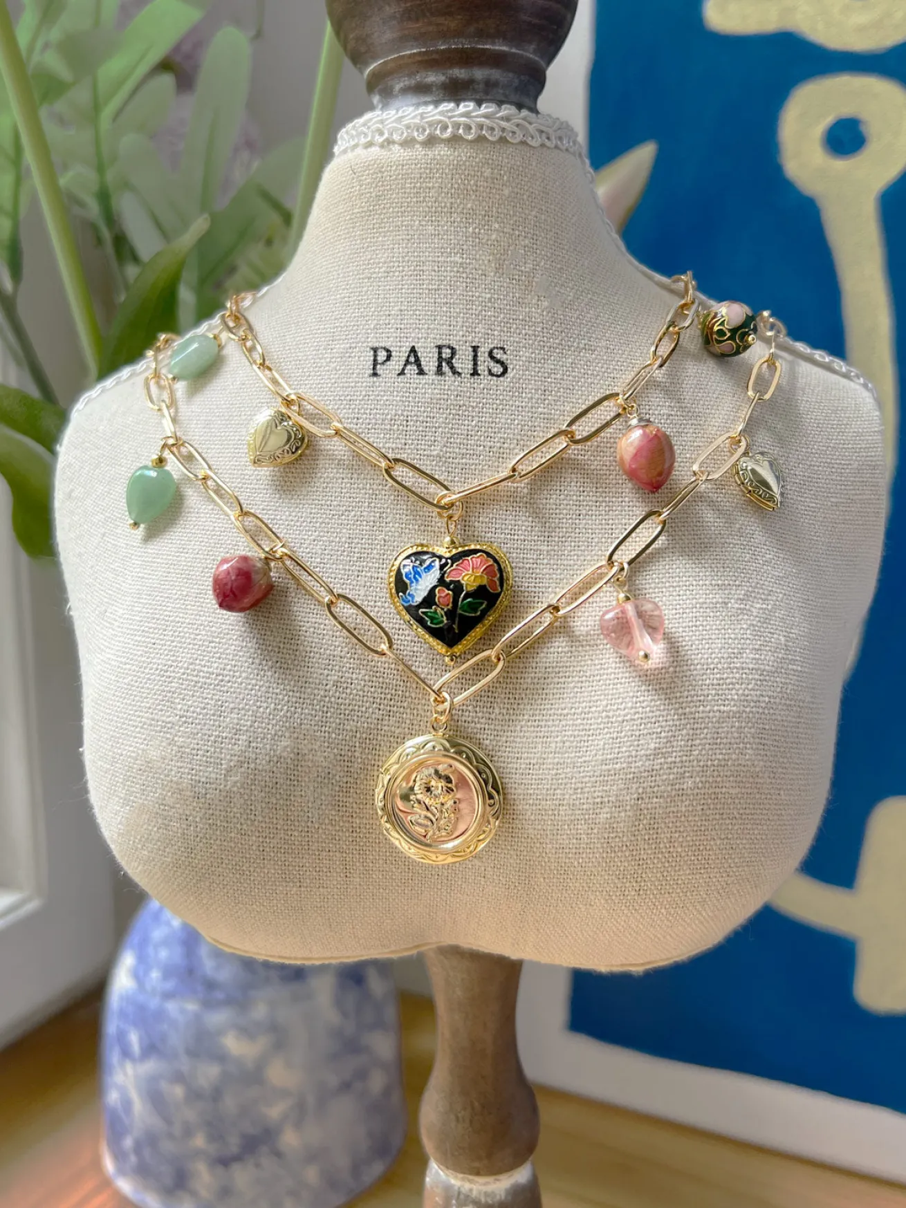 Heart Cloisonne Charm Necklace - Black Heart/Dried Rose