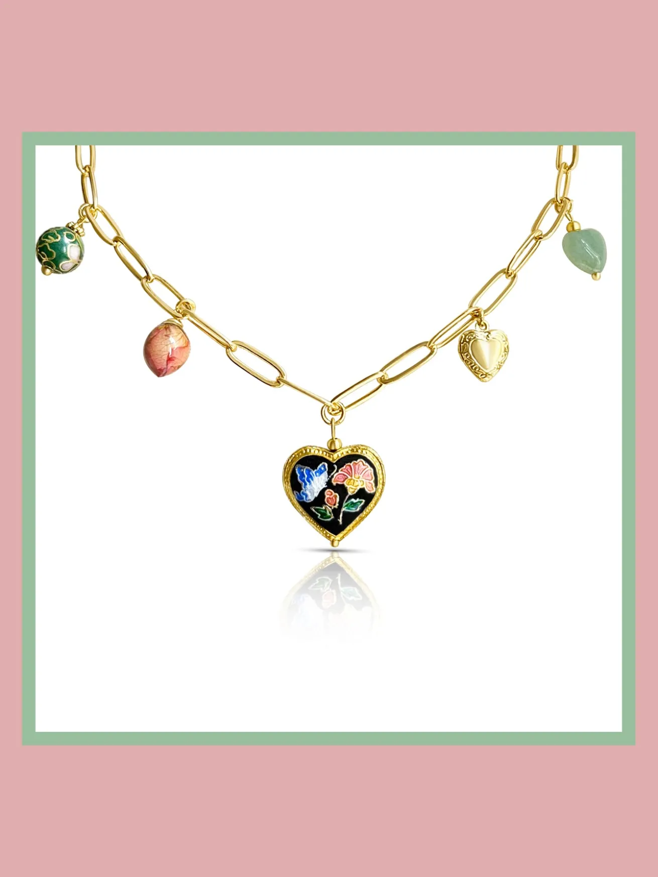 Heart Cloisonne Charm Necklace - Black Heart/Dried Rose