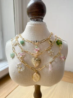 Heart Locket Charm Necklace - Glass Flowers