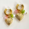 Heart Locket Chunky Hoops - Green Mushroom/Watermelon heart crystal