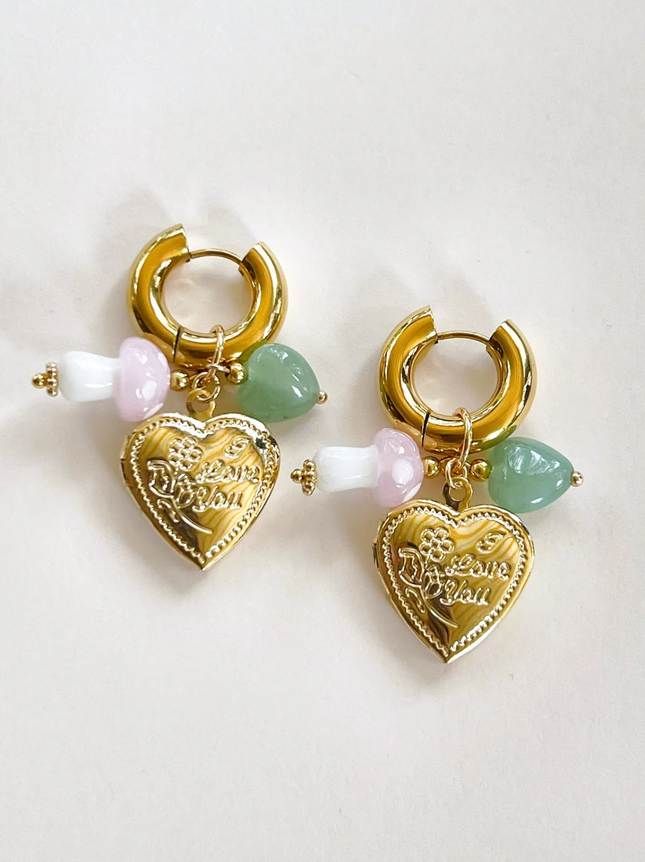 Heart Locket Chunky Hoops - Pink Mushroom/Jade heart crystal