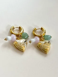 Heart Locket Chunky Hoops - Pink Mushroom/Jade heart crystal