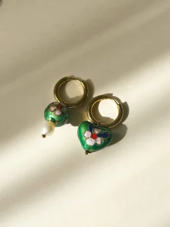 Heart-shaped Green Flower Cloisonne Mismatched Hoops