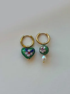 Heart-shaped Green Flower Cloisonne Mismatched Hoops
