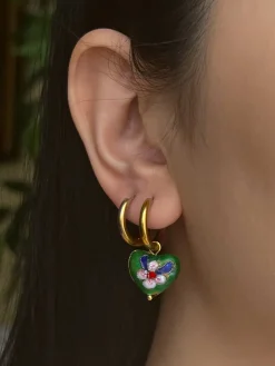 Heart-shaped Green Flower Cloisonne Mismatched Hoops