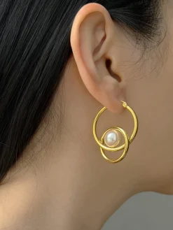 Intersect Gold Hoops With Pearls