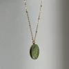 Large Pearl Pendant Necklace with Carved Flowers - Green
