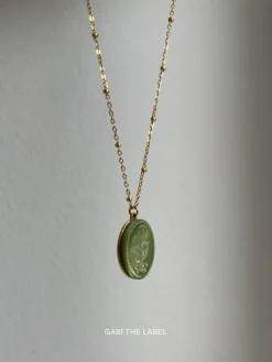 Large Pearl Pendant Necklace with Carved Flowers - Green