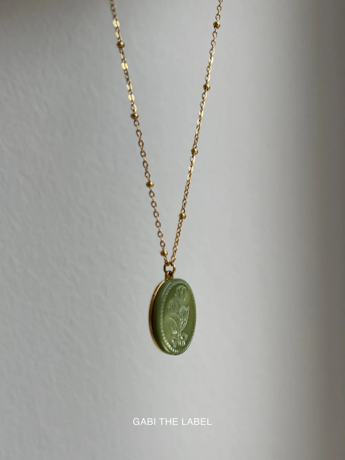 Large Pearl Pendant Necklace with Carved Flowers - Green