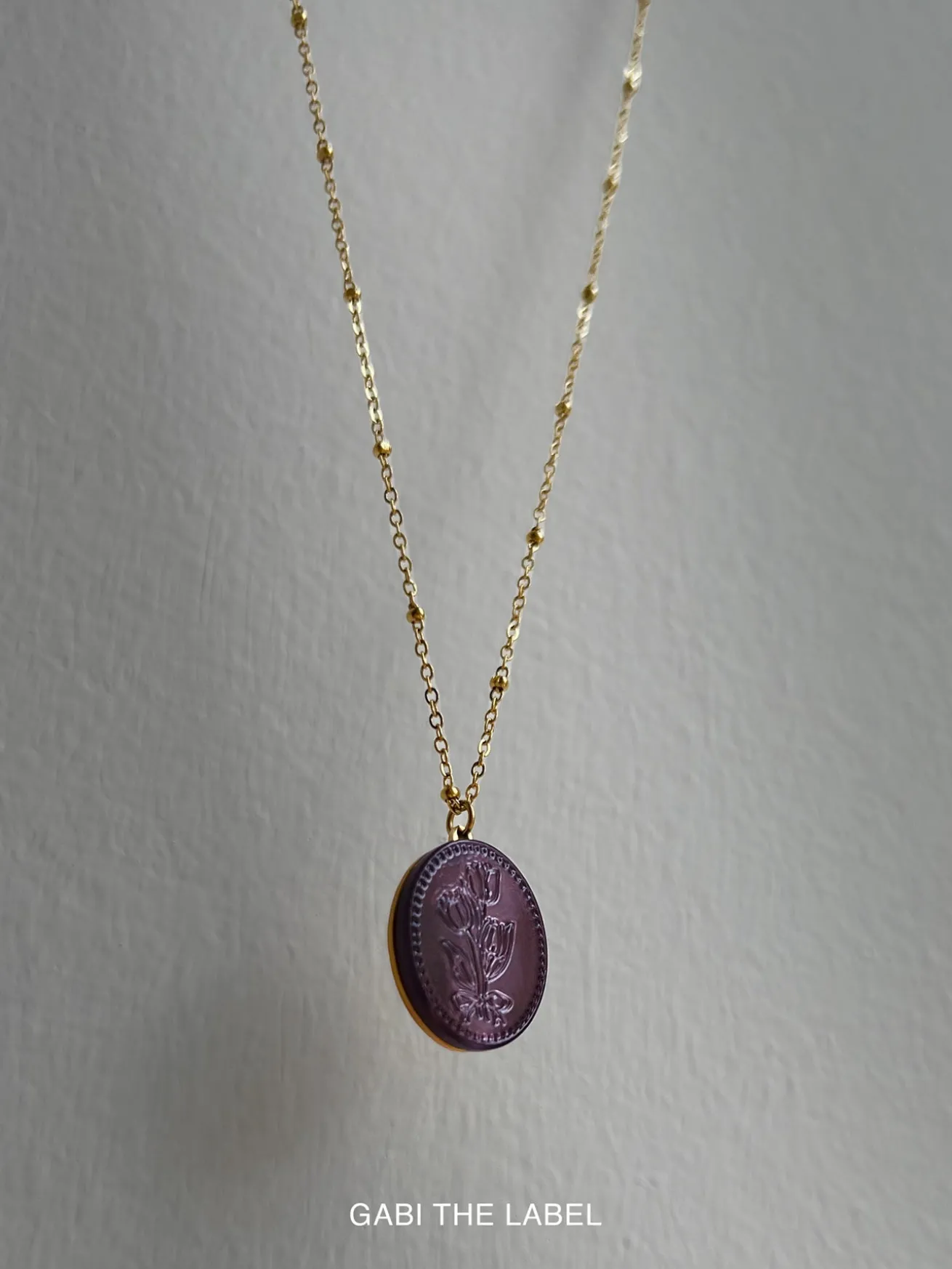 Large Pearl Pendant Necklace with Carved Flowers - Purple