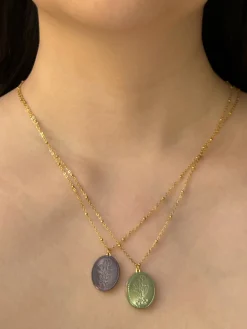 Large Pearl Pendant Necklace with Carved Flowers - Purple