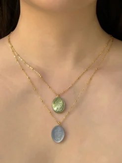 Large Pearl Pendant Necklace with Carved Flowers - Blue