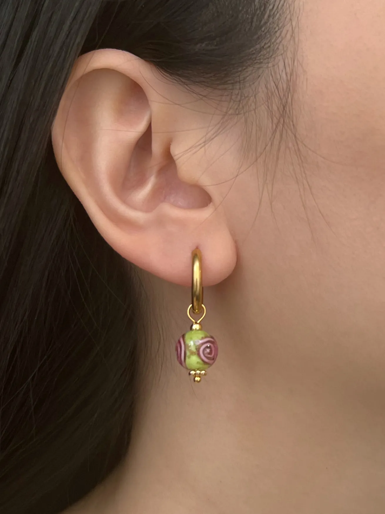 Little Hoops with Eclectic Glass Beads - Green Apple