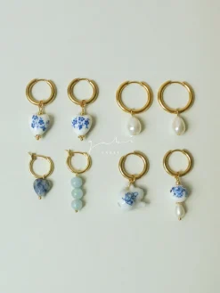 Little Stone Heart Mismatched Hoops - Blue