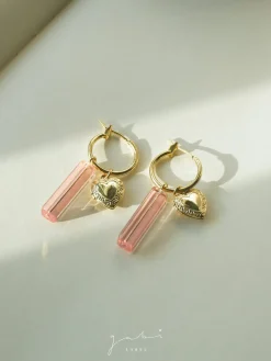 Locket & Glass Dangle Hoops - Pink