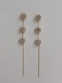 Long Floral Earrings With Pearls And Gemstones