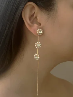 Long Floral Earrings With Pearls And Gemstones
