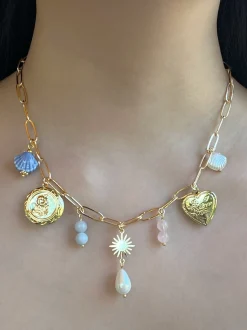 Mermaid Charm Necklace - Gold Lockets, Seashells & Stone Crystals