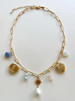 Mermaid Charm Necklace - Gold Lockets, Seashells & Stone Crystals