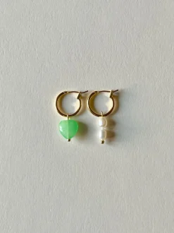 Mismatched Stone Hoop Earrings - Green Jade/Pearls
