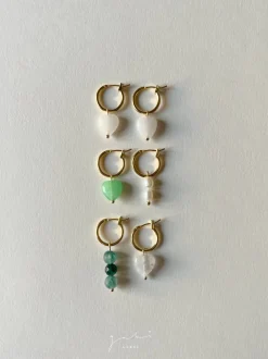 Mismatched Stone Hoop Earrings - Clear Quartz/Green