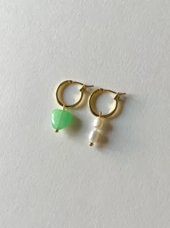 Mismatched Stone Hoop Earrings - Green Jade/Pearls