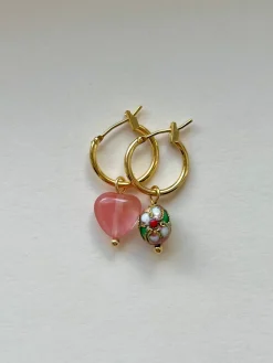 Mismatched Stone Hoop Earrings - Watermelon Pink/Cloisonne