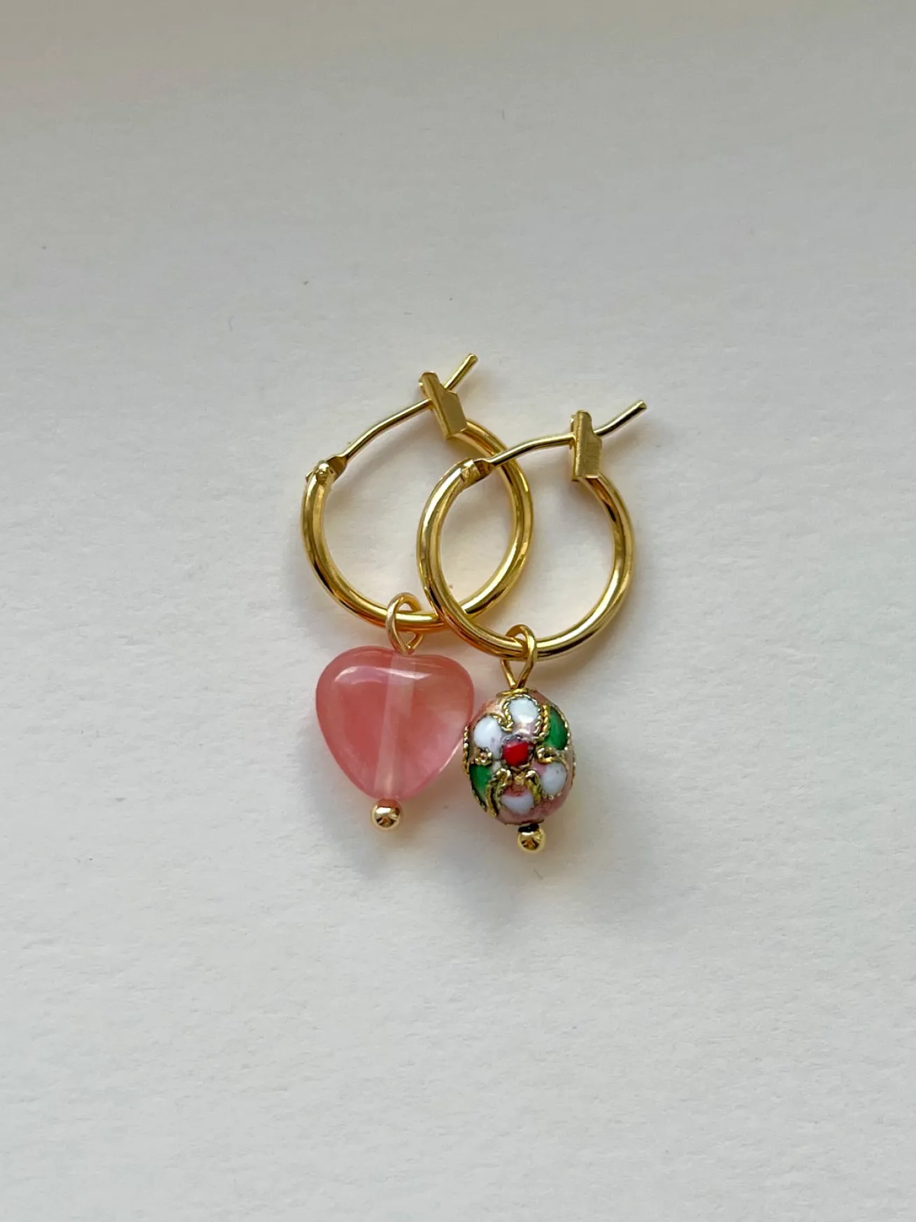 Mismatched Stone Hoop Earrings - Watermelon Pink/Cloisonne