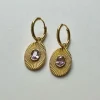 Oval Gemstone Pendant Hoops - Pink