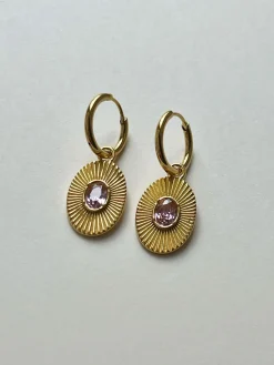 Oval Gemstone Pendant Hoops - Pink