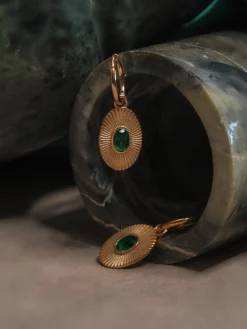 Oval Gemstone Pendant Hoops - Emerald Green