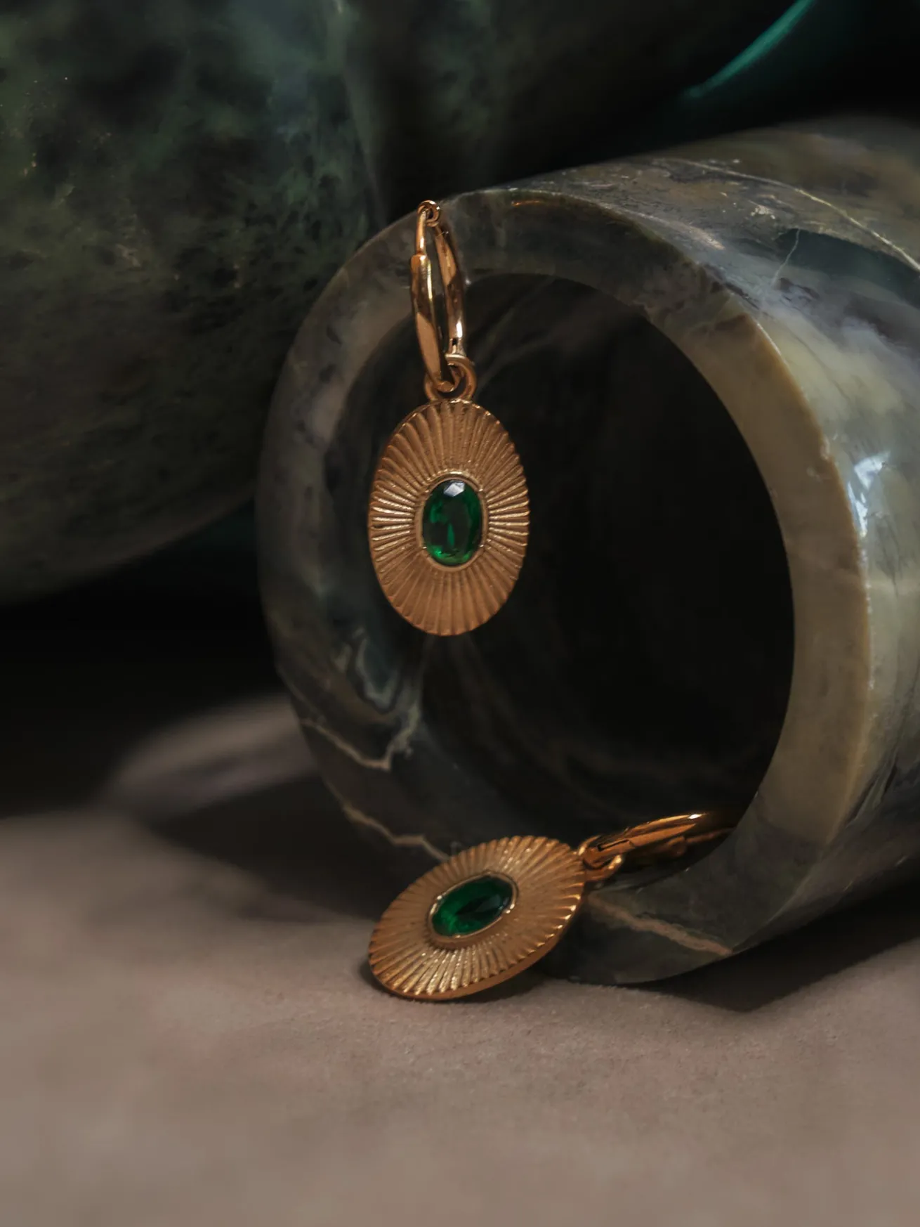 Oval Gemstone Pendant Hoops - Emerald Green