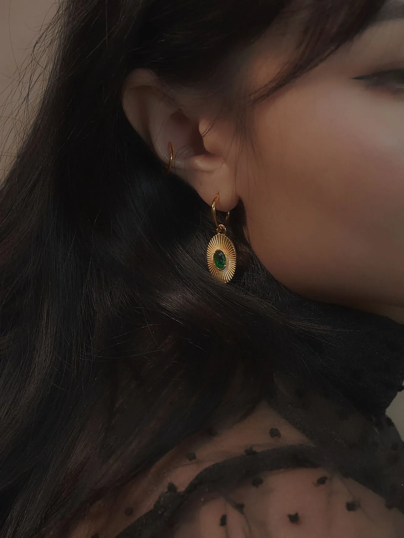 Oval Gemstone Pendant Hoops - Emerald Green