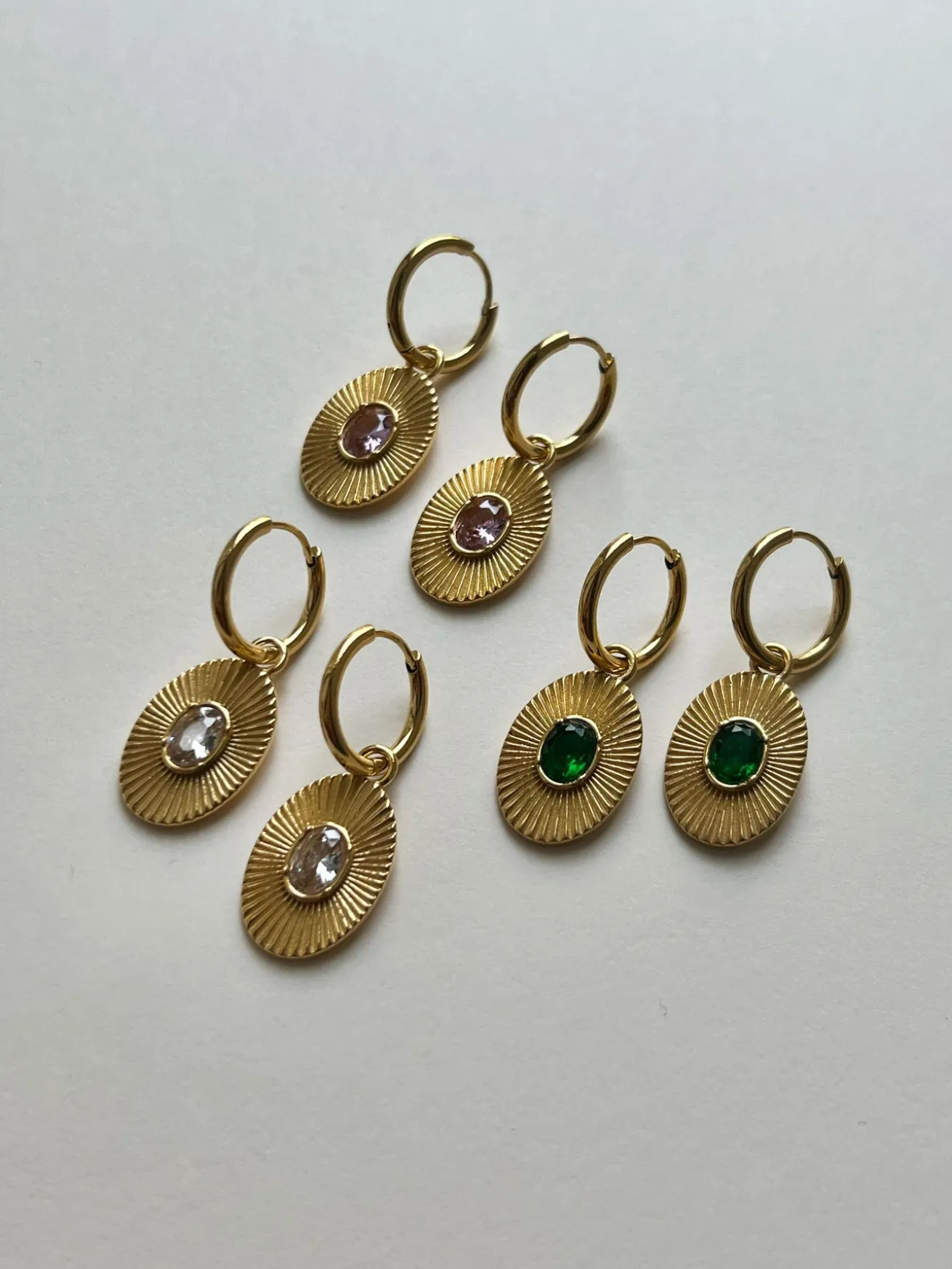 Oval Gemstone Pendant Hoops - Emerald Green