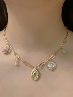 Oval Locket Charm Necklace - Glass Flower/Crystals