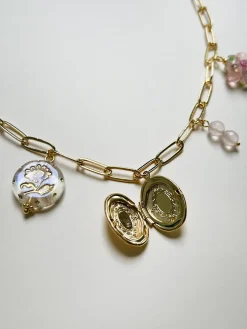 Oval Locket Charm Necklace - Glass Flower/Crystals
