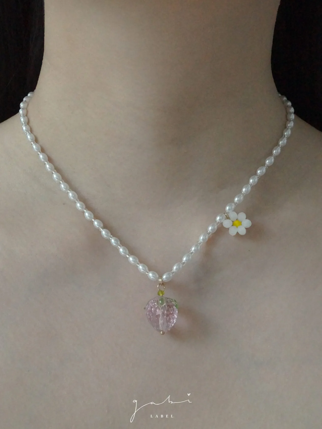 Pearl Necklace with Strawberry & Flower Pendant