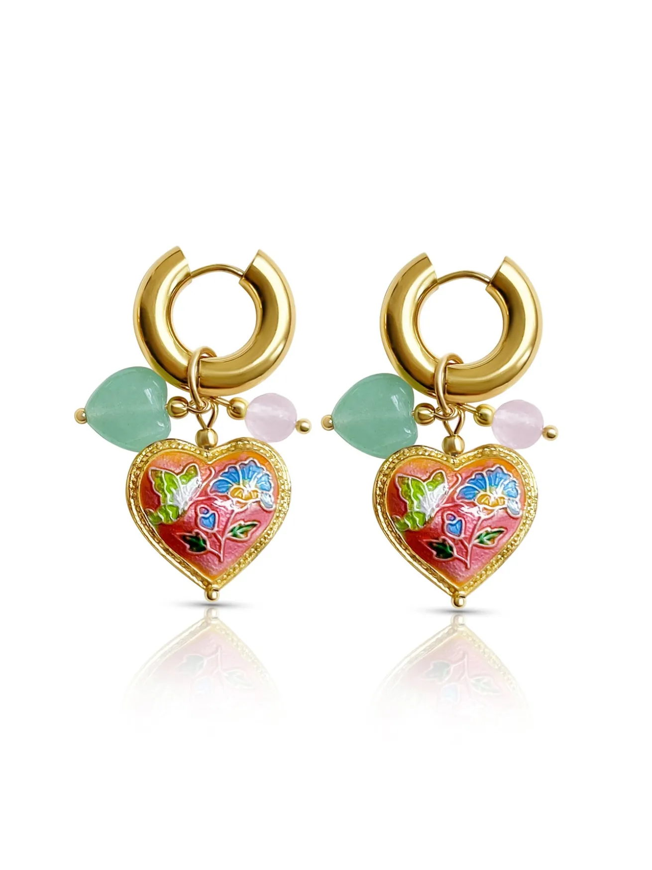 Pink Cloisonne Heart Chunky Gold Hoops - Rose Quartz/Green Aventurine