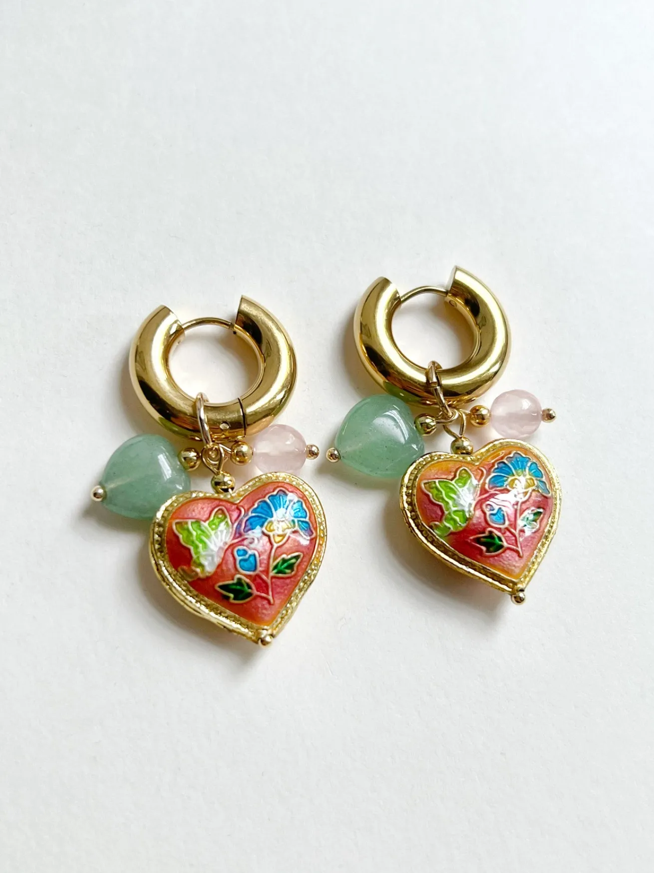 Pink Cloisonne Heart Chunky Gold Hoops - Rose Quartz/Green Aventurine