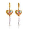 Pink Cloisonne Heart Dangling Earrings - Rose Quartz/Teardrop Pearl