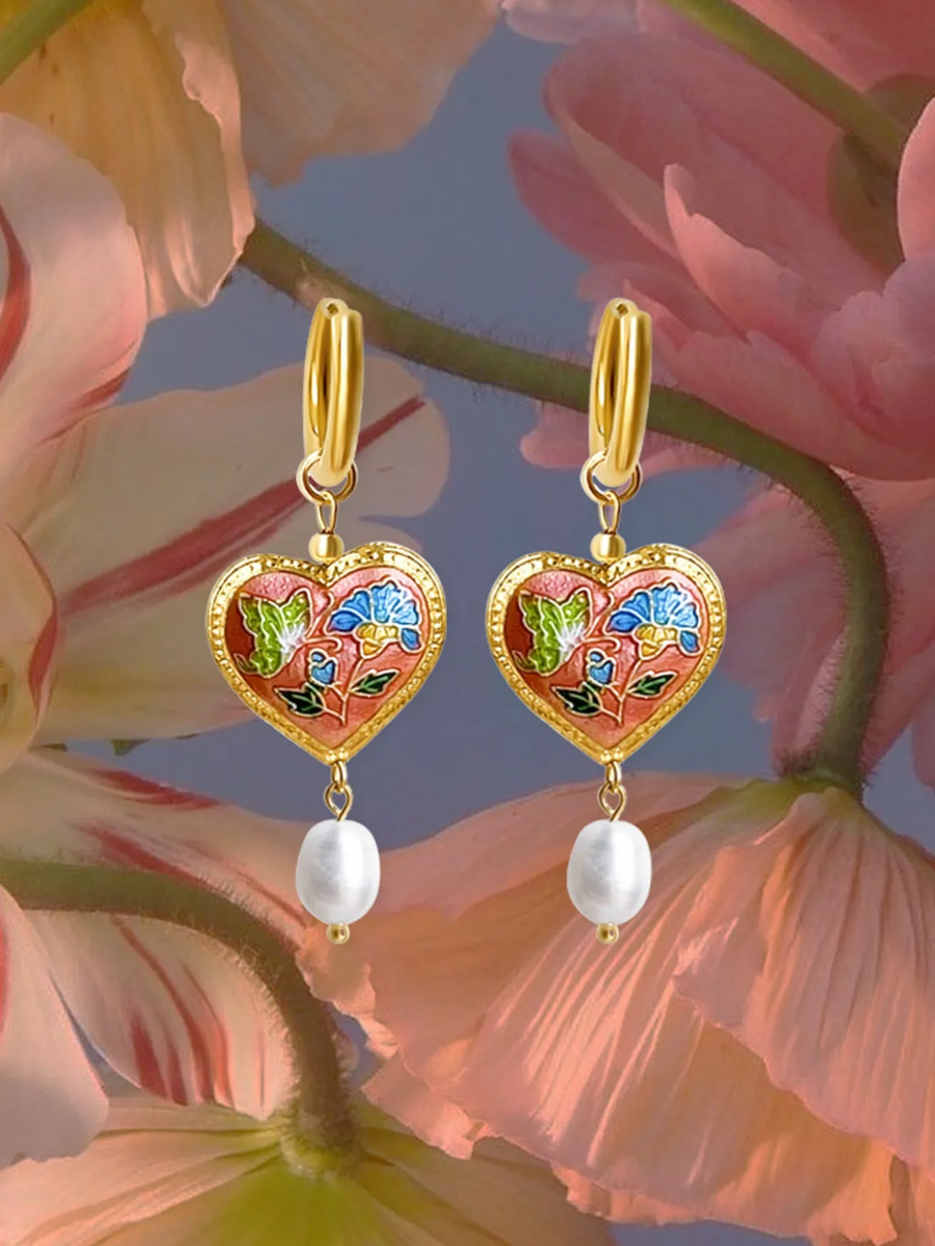 Pink Cloisonne Heart Dangling Earrings with Pearl