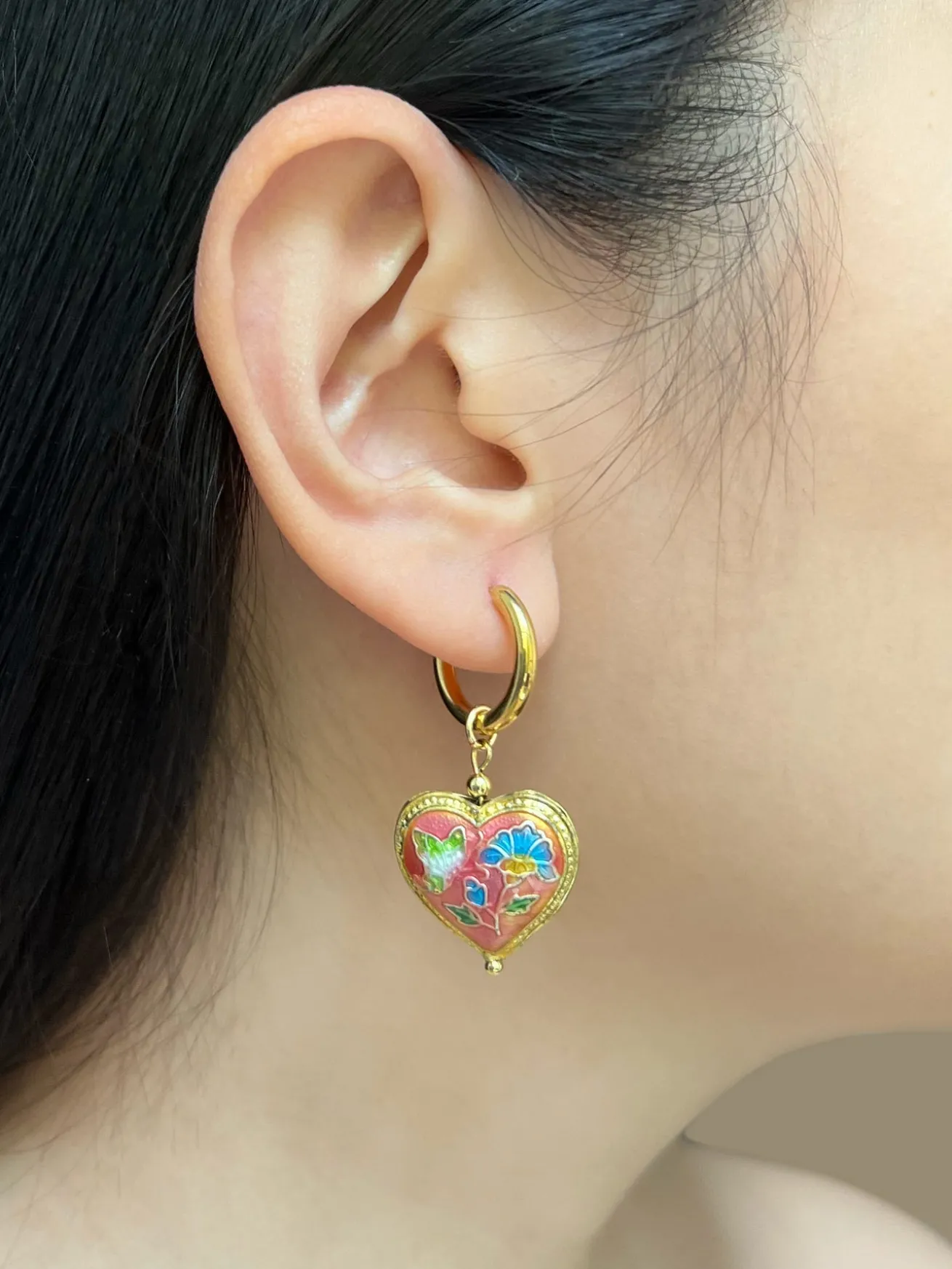 Pink Cloisonne Heart Hoops