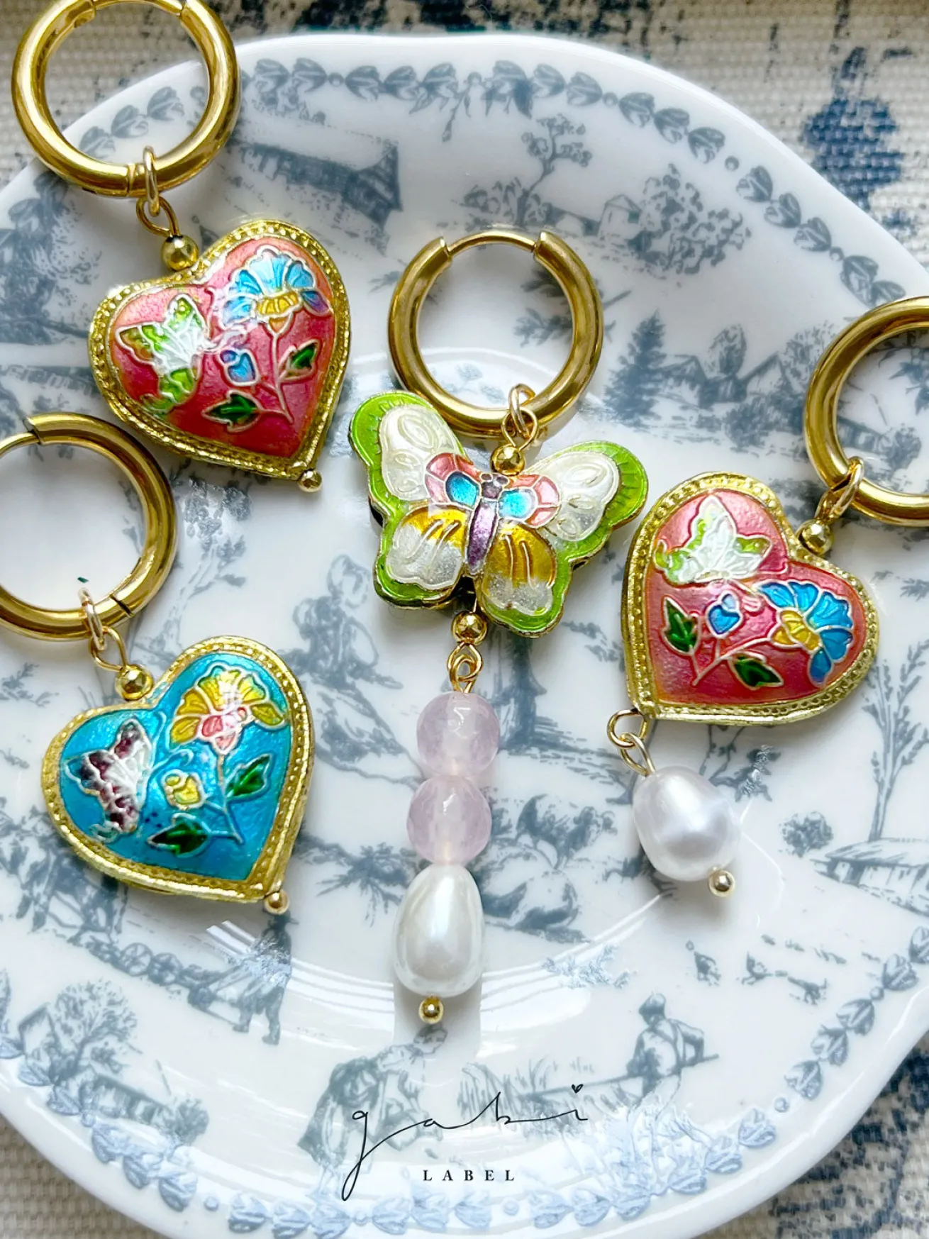 Pink Cloisonne Heart Hoops