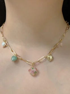 Pink Glass Flower Charm Necklace - Locket/Crystals