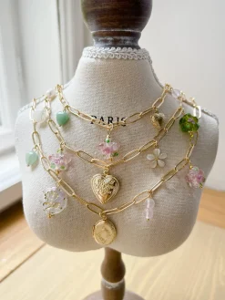 Pink Glass Flower Charm Necklace - Locket/Crystals