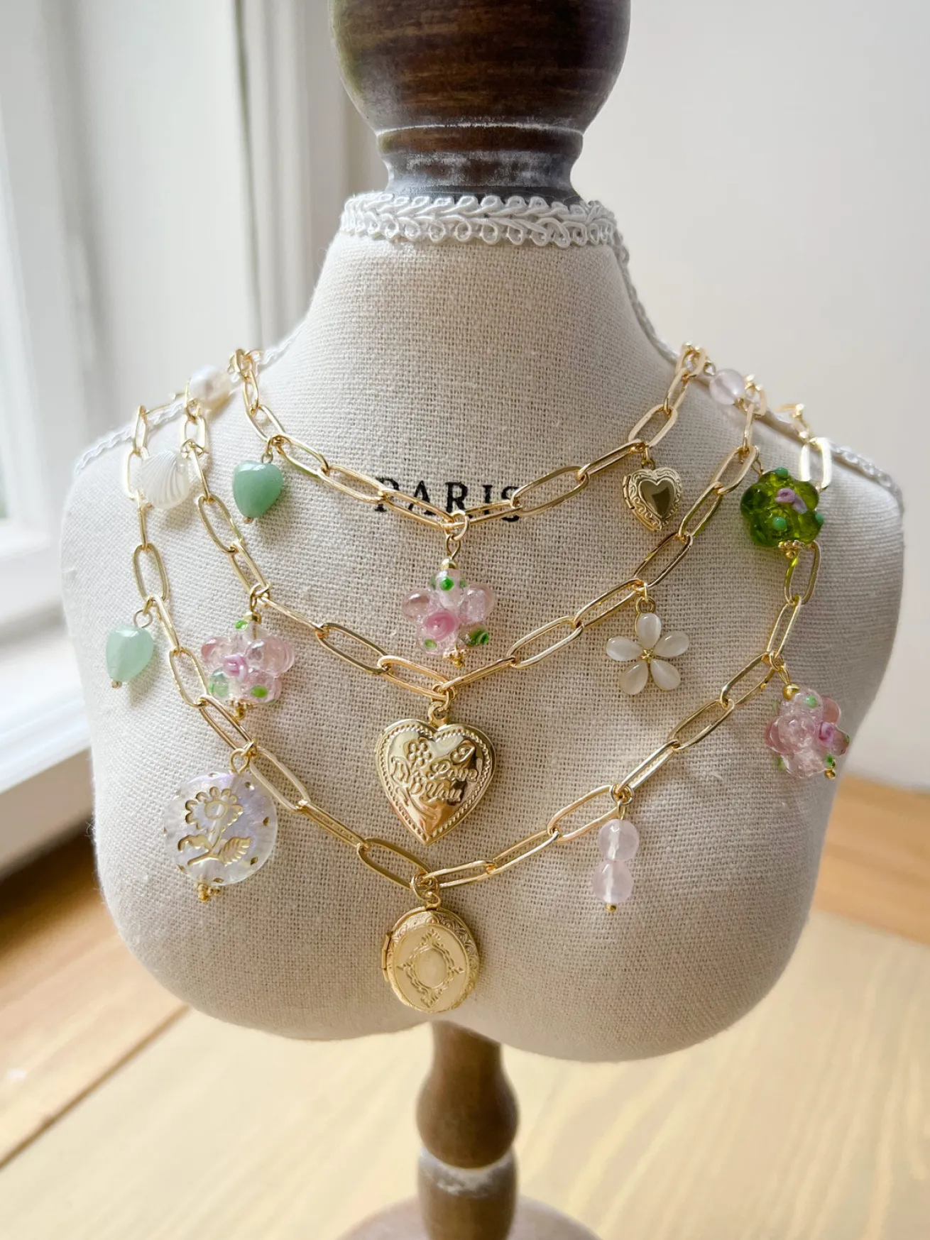 Pink Glass Flower Charm Necklace - Locket/Crystals