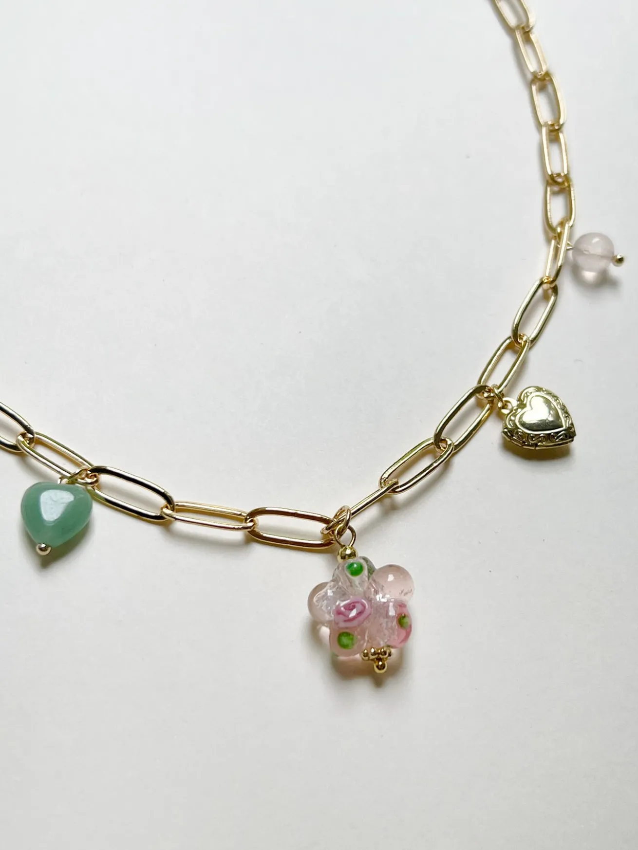 Pink Glass Flower Charm Necklace - Locket/Crystals