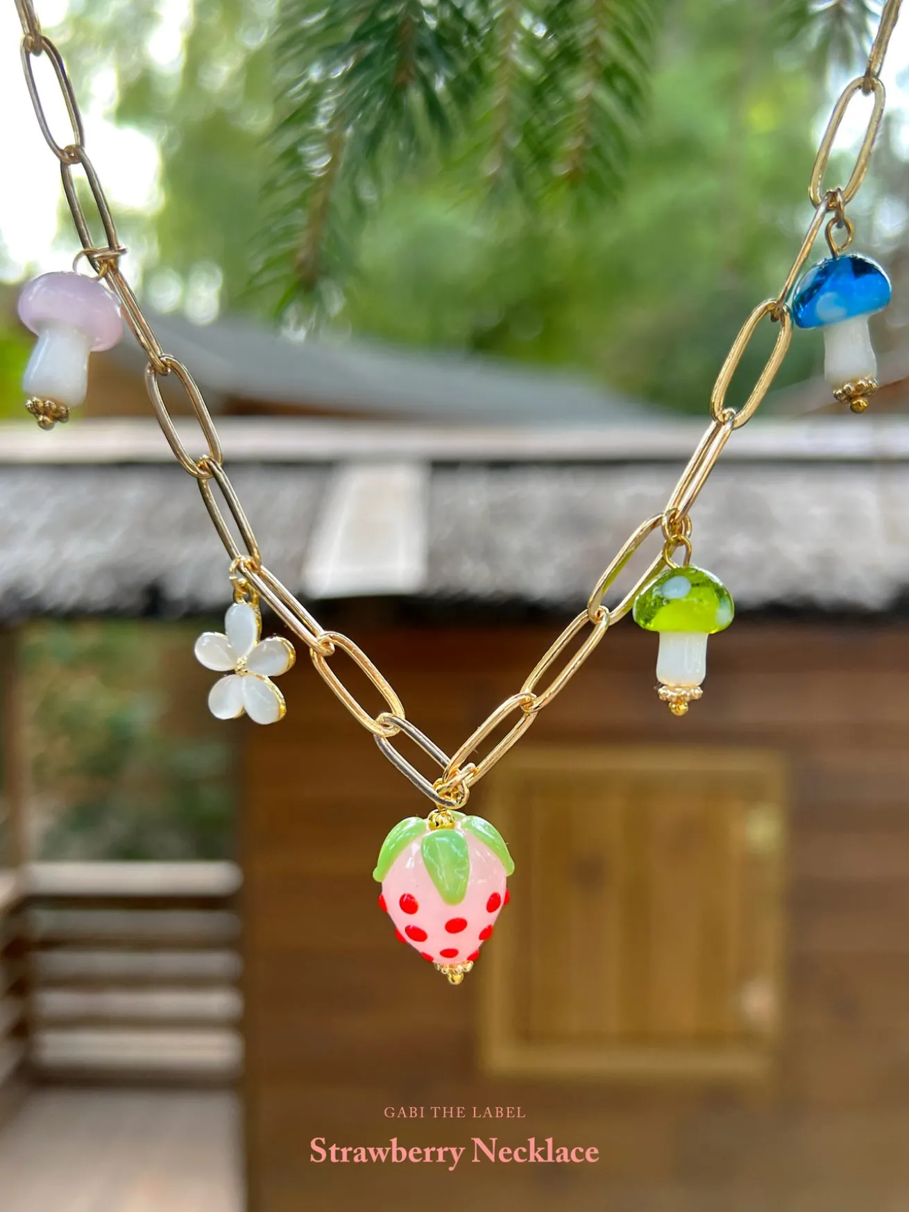 Pink Strawberry Charm Necklace with Colourful Mushrooms