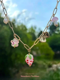 Pink Strawberry Charm Necklace with Petite Locket